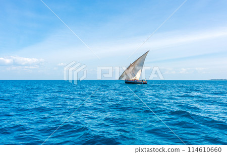 beautiful seascape with sail boat on the horizon 114610660