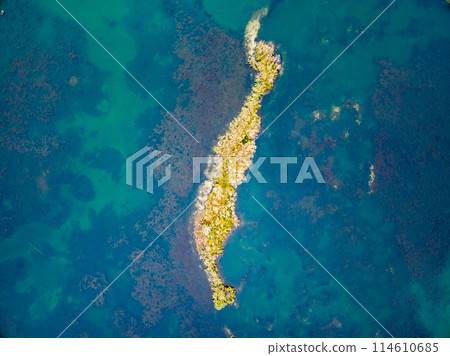 aerial shoot of an island covered with forest in open ocean aerial shoot of an island covered with forest in open ocean 114610685