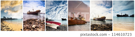rocky coast and abandoned ships in Lanzarote 114610723