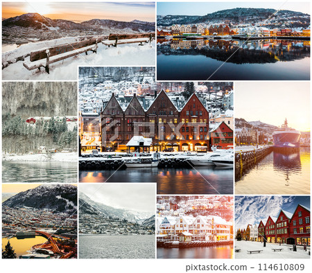 collage of winter and attractions in Bergen 114610809