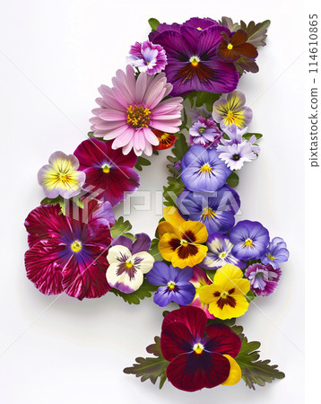 Typeface made out of colored spring flowers the character  4 114610865