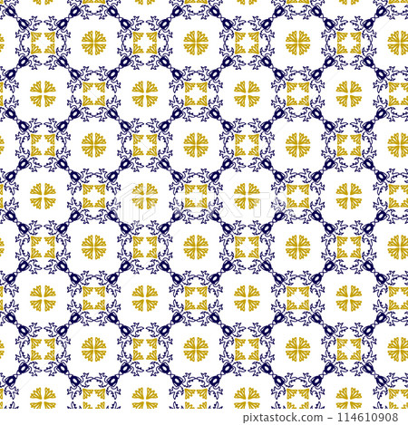 Azuleyo seamless pattern yellow and blue ornament.Portugal geometric ceramics. Azuleyo seamless pattern yellow and blue ornament.Portugal geometric ceramics. 114610908