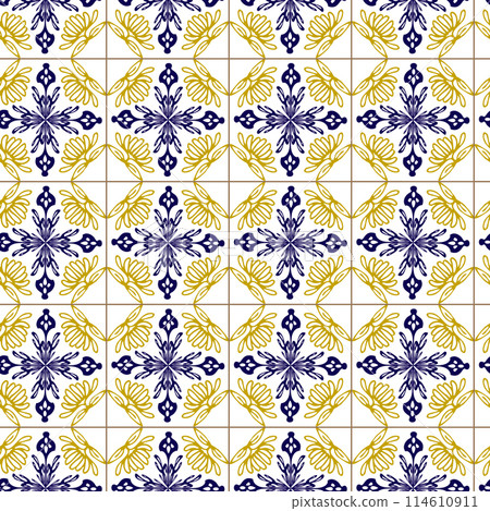 Azuleyo seamless pattern yellow and blue ornament.Portugal geometric ceramics. 114610911