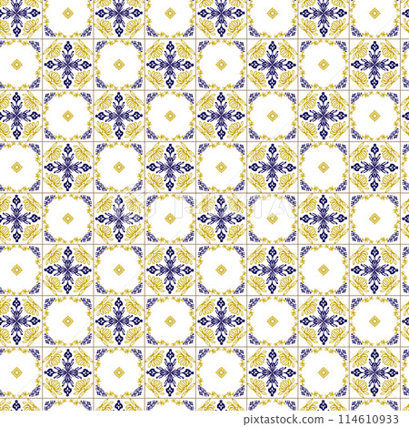 Azuleyo seamless pattern yellow and blue ornament.Portugal geometric ceramics. 114610933