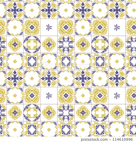 Azuleyo seamless pattern yellow and blue ornament.Portugal geometric ceramics. Azuleyo seamless pattern yellow and blue ornament.Portugal geometric ceramics. 114610996