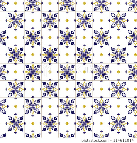 Azuleyo seamless pattern yellow and blue ornament.Portugal geometric ceramics. 114611014