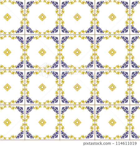 Azuleyo seamless pattern yellow and blue ornament.Portugal geometric ceramics. Azuleyo seamless pattern yellow and blue ornament.Portugal geometric ceramics. 114611019