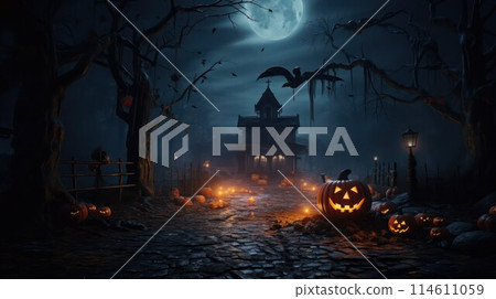 Pumpkin faces and lights on paved road to strange old spooky house in Halloween night. Pumpkin faces and lights on paved road to strange old spooky house in Halloween night. 114611059