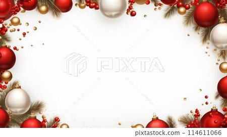 Christmas mock-up. Decorative frame with silver and red balls, spruce needles and holly berries on white background. Christmas mock-up. Decorative frame with silver and red balls, spruce needles and holly berries on white background. 114611066