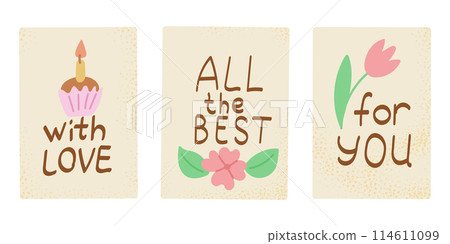Set of hand drawn textured postcards in flat childish style and candy pastel colors. Vector typographic illustration isolated on white background. 114611099
