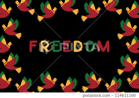 Flat Juneteenth horizontal banner and placard with text Freedom. Vector flat animalistic elements in traditional African colors for social media. Isolated text on black background Flat Juneteenth horizontal banner and placard with text Freedom. Vector flat animalistic elements in traditional African colors for social media. Isolated text on black background 114611100