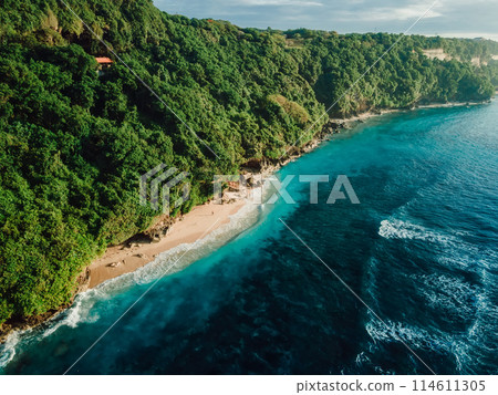 Holiday beach with turquoise tropical ocean in Bali. Drone view of Green bowl beach 114611305