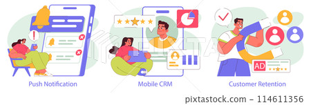 Mobile Marketing set. Engaging customers with notifications, CRM systems, and retention strategies. Interactive communication, feedback, and loyalty shown through character interactions. Vector Mobile Marketing set. Engaging customers with notifications, CRM systems, and retention strategies. Interactive communication, feedback, and loyalty shown through character interactions. Vector 114611356
