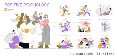Positive Psychology set. Exploration of well-being strategies and mental health improvement. Personal growth, resilience practices, and emotional balance. Vector illustration. Positive Psychology set. Exploration of well-being strategies and mental health improvement. Personal growth, resilience practices, and emotional balance. Vector illustration. 114611362