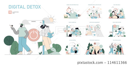 Digital Detox set. Embracing life beyond screens with mindful activities. Screen time reduction, disconnected leisure, present living. Vector illustration. Digital Detox set. Embracing life beyond screens with mindful activities. Screen time reduction, disconnected leisure, present living. Vector illustration. 114611366