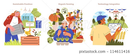 Farm life set. Illustrating sustainable practices, organic farming, and technology integration in agriculture. People engage in eco-friendly activities. Vector illustration. 114611416
