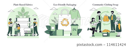 Sustainable Fashion set. Eco-conscious clothing production and packaging, community swap initiatives. Ethical textiles, recycling, and sharing clothes strategy. Vector illustration. 114611424