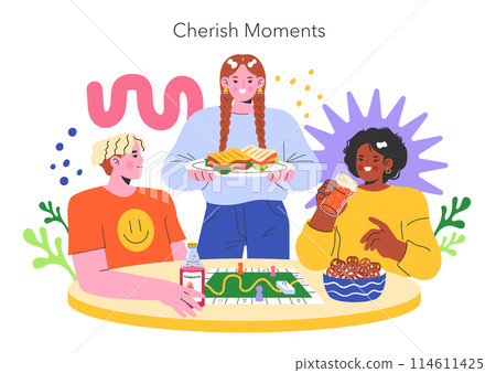 YOLO concept. Three friends enjoying snacks and playing a board game, celebrating the joy of living. Friendship, leisure, and fun. Vector illustration. YOLO concept. Three friends enjoying snacks and playing a board game, celebrating the joy of living. Friendship, leisure, and fun. Vector illustration. 114611425