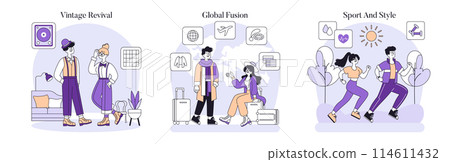 Lifestyle concept set. Depicting vintage fashion, global travel, and active wear trends. Retro, cultural, and fitness themes. Vector illustration. 114611432