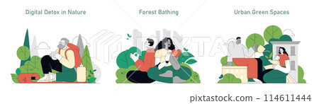 Wellness in nature set. People engaging in digital detox, forest bathing, and enjoying urban green spaces for mental health. Vector illustration. Wellness in nature set. People engaging in digital detox, forest bathing, and enjoying urban green spaces for mental health. Vector illustration. 114611444