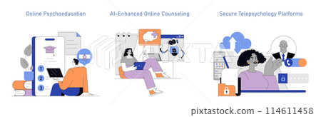 Telepsychology set. Education, AI counseling, and secure platform for online therapy. E-mental health services for remote support. Vector illustration. 114611458