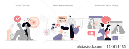 Psychosexology set. Exploring consent education, sexual health awareness, and telehealth therapy. Engaging with contemporary intimacy issues. Vector illustration. Psychosexology set. Exploring consent education, sexual health awareness, and telehealth therapy. Engaging with contemporary intimacy issues. Vector illustration. 114611483