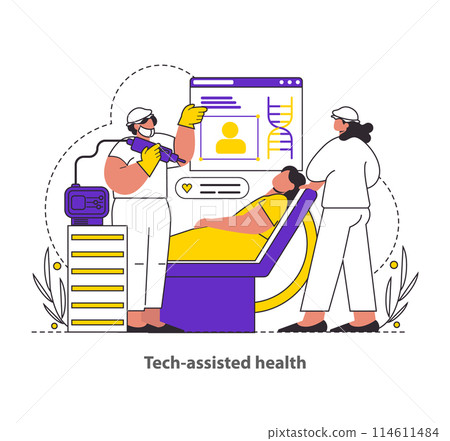 Tech-assisted health concept. Medical professionals using advanced technology to monitor a patient's vital signs. Innovative healthcare, patient care, modern medicine. Vector illustration. 114611484