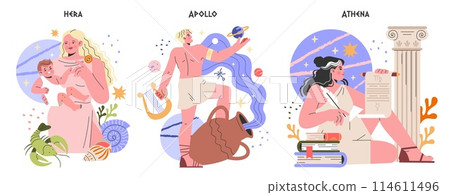 Ancient Greek Gods set. Mythological deities Hera, Apollo, and Athena in a modern illustration. Pantheon, music, wisdom, and motherhood themes. Vector illustration. Ancient Greek Gods set. Mythological deities Hera, Apollo, and Athena in a modern illustration. Pantheon, music, wisdom, and motherhood themes. Vector illustration. 114611496