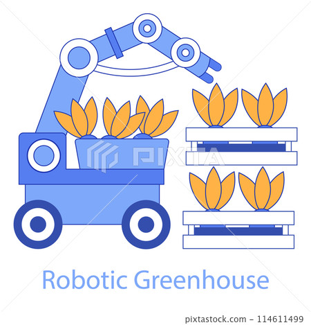 Robotic Greenhouse concept. Automated plant care for efficient agriculture. The synergy of robotics and botany enhancing productivity. Vector illustration. 114611499