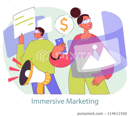 Immersive Marketing concept. Customers engage with interactive digital advertising. Technology in modern promotion strategies. Vector illustration. 114611500