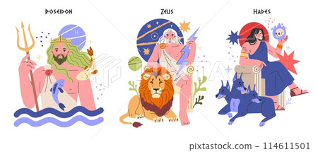 Ancient Greek Gods concept. Poseidon, Zeus, and Hades with their iconic symbols. Mythological rulers of sea, sky, and underworld. Vector illustration. 114611501