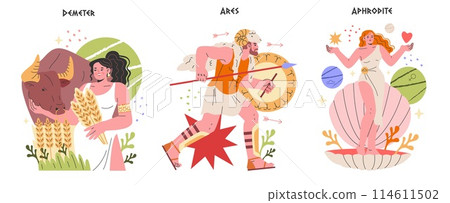 Ancient Greek Gods concept. Mythological deities Demeter, Ares, and Aphrodite in colorful, modern interpretations. Unique representation of classic legends. Vector illustration. 114611502