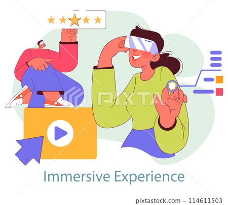 Immersive Marketing concept. A virtual reality user interacting with a digital interface, expressing satisfaction through a five-star review. Vector illustration. 114611503