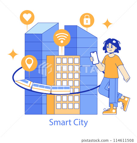 Hyperconnectivity concept. An illustration of smart city technology integrated with lifestyle, featuring connected buildings and public transport. Vector illustration. 114611508