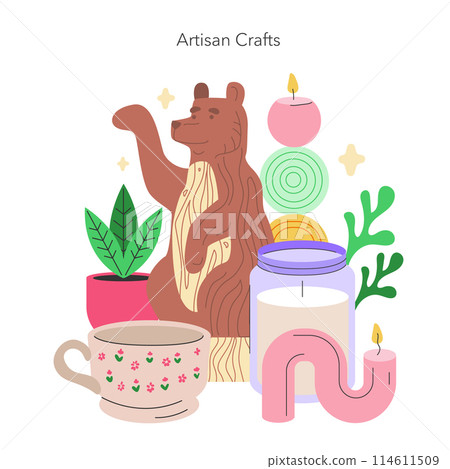 Maker Culture concept Artisanal charm meets modern crafting in this display of carved woodwork, pottery, and candle making Celebrating traditional crafts in a new era Vector illustration 114611509