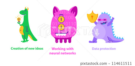 Monster Helpers set. Creative thinking and innovation, managing digital information and cybersecurity concept. Vector illustration. Monster Helpers set. Creative thinking and innovation, managing digital information and cybersecurity concept. Vector illustration. 114611511