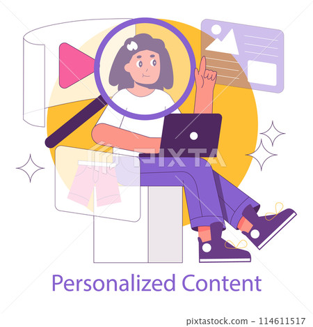 Phygital concept. Digital and physical marketing integration. User interacting with online personalized content on laptop. Vector illustration. Phygital concept. Digital and physical marketing integration. User interacting with online personalized content on laptop. Vector illustration. 114611517