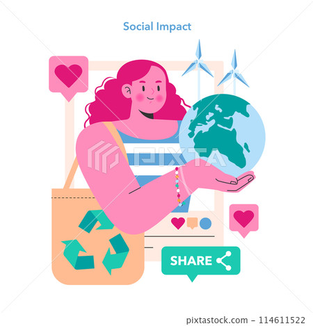 Social Impact concept. A woman engages with a digital audience about sustainability, using platforms to promote environmental care. Green living, social media advocacy. Vector illustration. 114611522