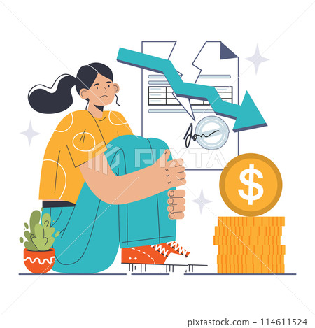 Credit Crisis concept. Distressed woman with financial default notice and downward trend. Bankruptcy, economic failure. Flat vector illustration Credit Crisis concept. Distressed woman with financial default notice and downward trend. Bankruptcy, economic failure. Flat vector illustration 114611524