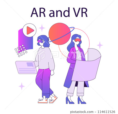 AR and VR concept. Two figures engage with augmented and virtual reality technology elements. Interaction with futuristic digital interfaces. Vector illustration. AR and VR concept. Two figures engage with augmented and virtual reality technology elements. Interaction with futuristic digital interfaces. Vector illustration. 114611526