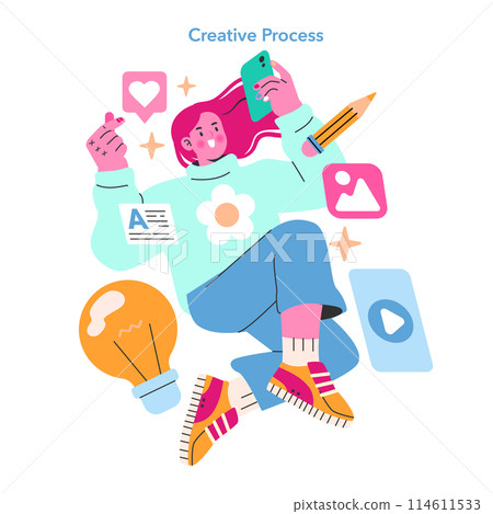 Creative Process concept. A person engrossed in content creation, surrounded by symbols of innovation and social media. Modern creativity and digital networking. Vector illustration. 114611533