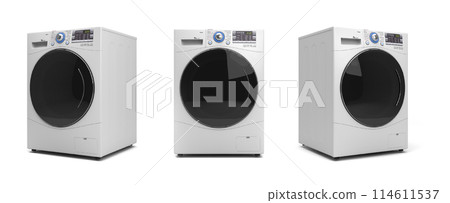 set of New Washing machine prespective left view 3D render on white set of New Washing machine prespective left view 3D render on white 114611537