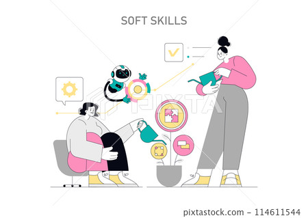 Soft Skills concept. Individuals nurturing personal growth and team collaboration highlighted by puzzle and target icons. Nurturing teamwork, personal development, and robot assistance. Vector 114611544