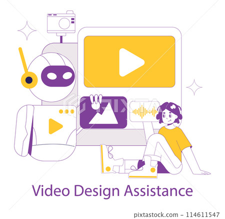 AI for Video Creation concept. An AI robot assists a content creator with video editing tasks. Innovative technology meets creative video design. Vector illustration. AI for Video Creation concept. An AI robot assists a content creator with video editing tasks. Innovative technology meets creative video design. Vector illustration. 114611547