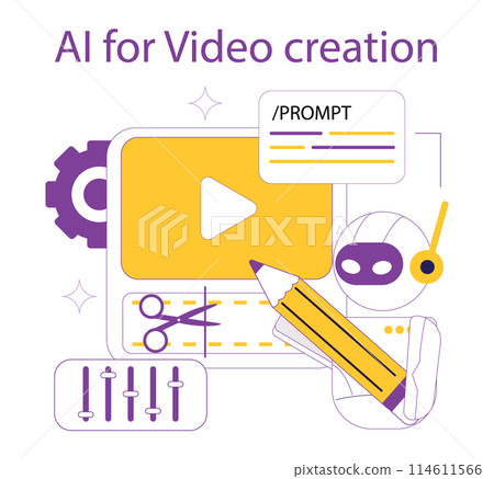 AI for video creation concept. Artificial intelligence streamlines video editing with tools and automation. Simplified content production process. Vector illustration. AI for video creation concept. Artificial intelligence streamlines video editing with tools and automation. Simplified content production process. Vector illustration. 114611566