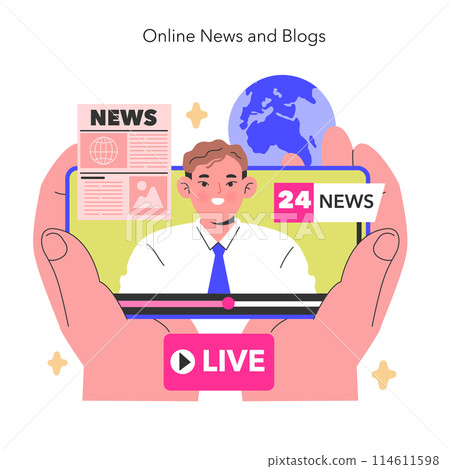 Online News and Blogs concept A digital newsreader presents live updates from around the globe, encapsulating a world connected by information Vector illustration Online News and Blogs concept A digital newsreader presents live updates from around the globe, encapsulating a world connected by information Vector illustration 114611598