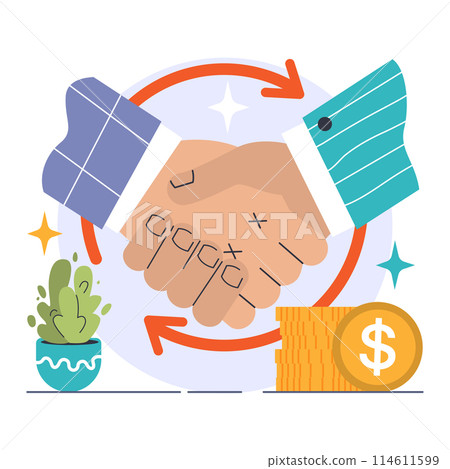 Strategic Alliance concept. Firm handshake between business professionals symbolizing partnership, with monetary growth and mutual benefit arrows. Collaboration and trust. Flat vector illustration Strategic Alliance concept. Firm handshake between business professionals symbolizing partnership, with monetary growth and mutual benefit arrows. Collaboration and trust. Flat vector illustration 114611599