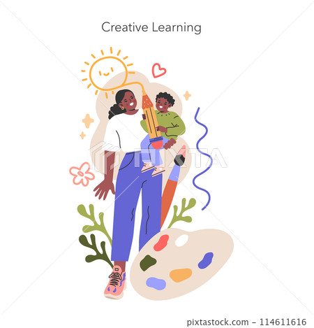 Creative Learning illustration. Mother and child explore art, expressing creativity and joy through education. Sun symbolizes bright learning future. Vector illustration. Creative Learning illustration. Mother and child explore art, expressing creativity and joy through education. Sun symbolizes bright learning future. Vector illustration. 114611616