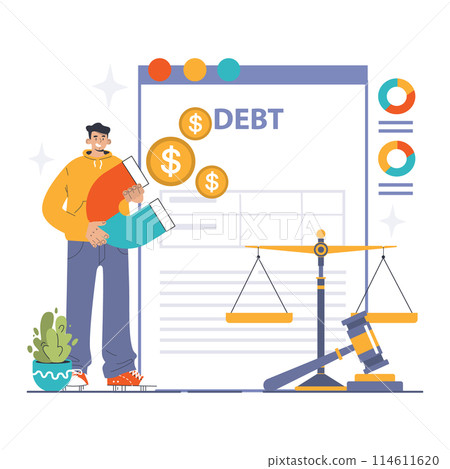 Debt Recovery concept. Man pours coins from a megaphone, representing debt collection, balanced with justice scales. Finance, law. Flat vector illustration 114611620