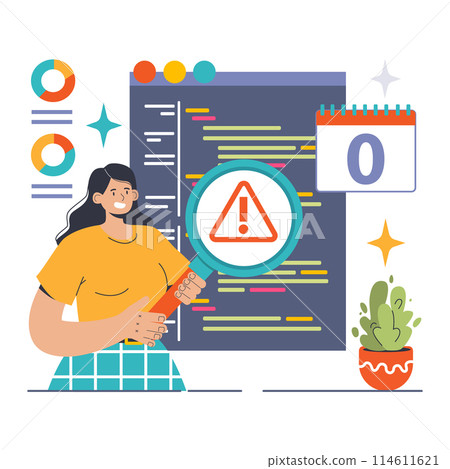 Zero day vulnerability discovered. Woman analyzing code, magnifying potential threat. Immediate software patch urgency. Flat vector illustration 114611621